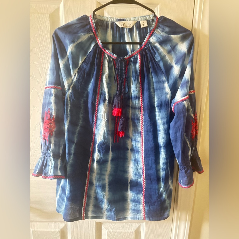 Caffe Marrakech blue tie dye peasant top size S